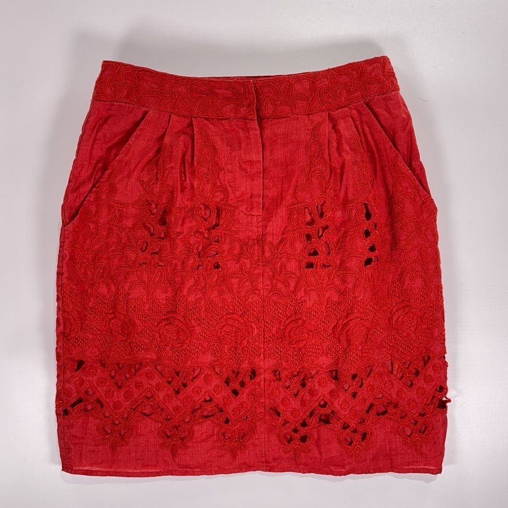 Baraschi Women’s Linen Embroidered Mini Skirt Red Size 2 - Picture 2 of 10